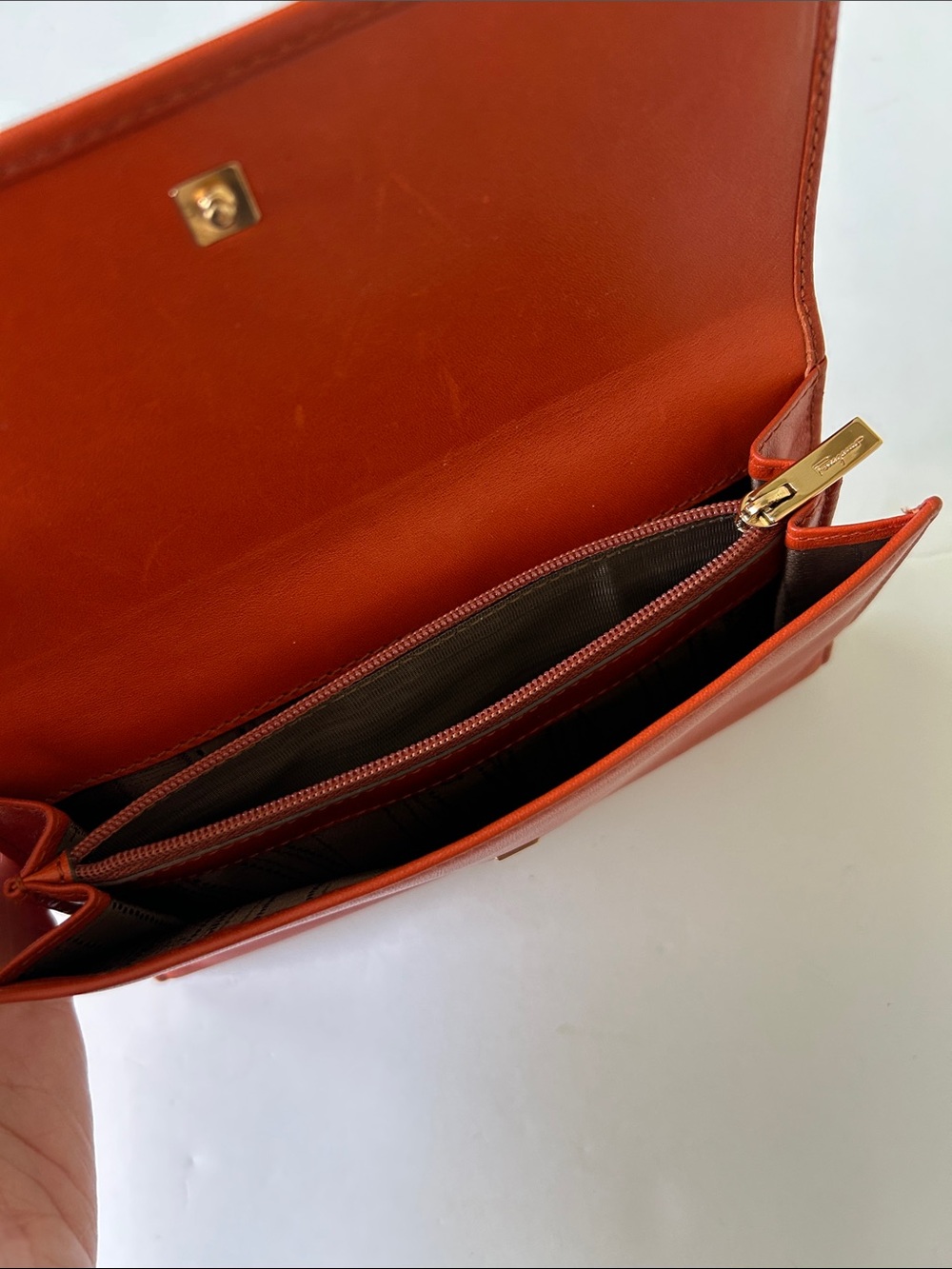 Salvatore Ferragamo Orange Leather Clasp Wallet with Gold Hardware - Picture 5 of 10